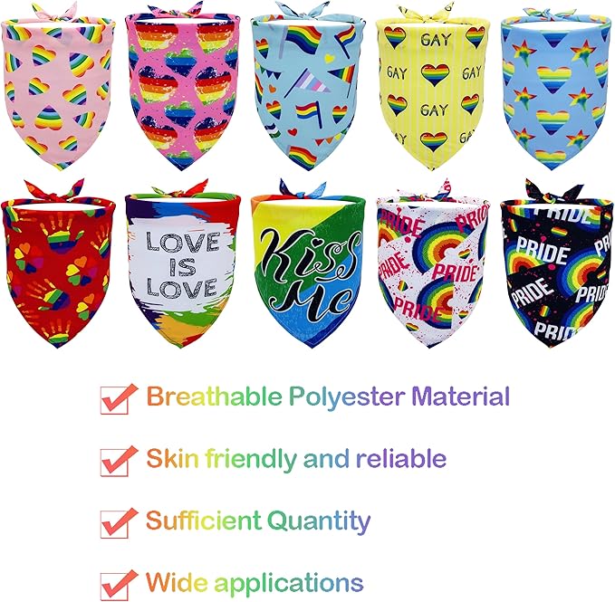 10PCS Pride Day Dog Bandanas with Rainbow Color for Large Extral Large XL XXL Dog Triangle Bibs Scarves Boys and Girls Gay Pride with Love is Love Kiss Me Grooming Accessories Costume