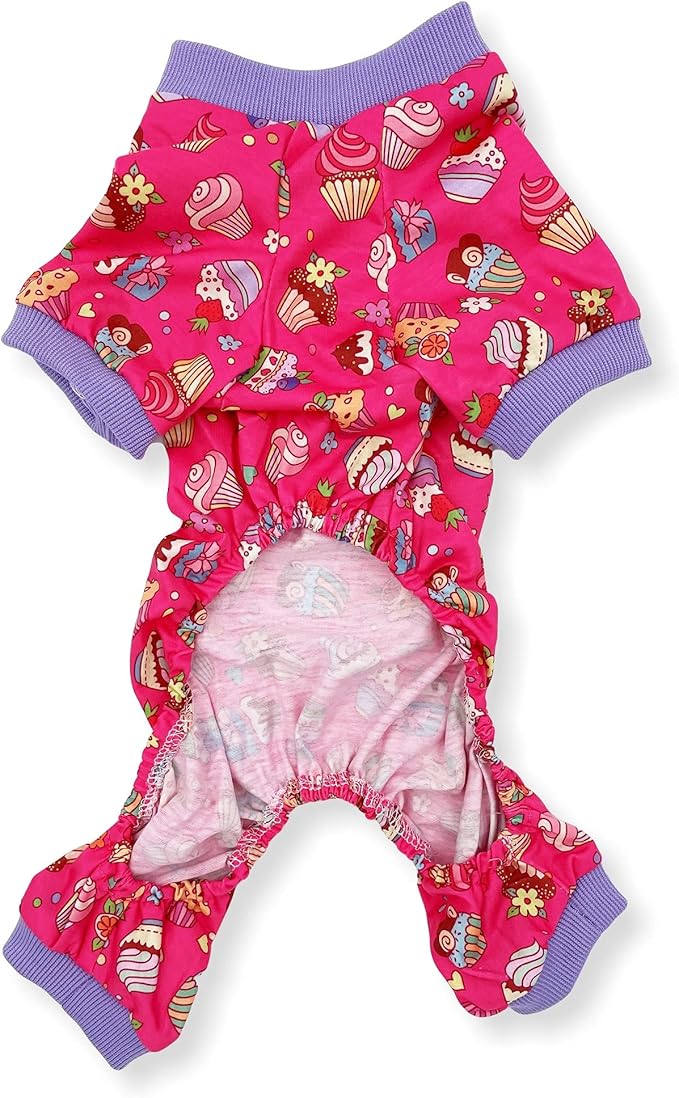 Dog Pajamas Soft COTTON Blend Jumpsuit Cute Pet Clothes for Small Medium Pet (Hot Pink Cupcakes 12", Chest 14" - 17")