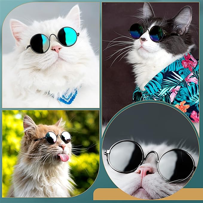 Dog Sunglasses Retro Pet Glasses Doll Glasses Classic Round Dog Glasses Metal Cat Puppy Eye Wear Hippie Costumes for Cats and Dogs