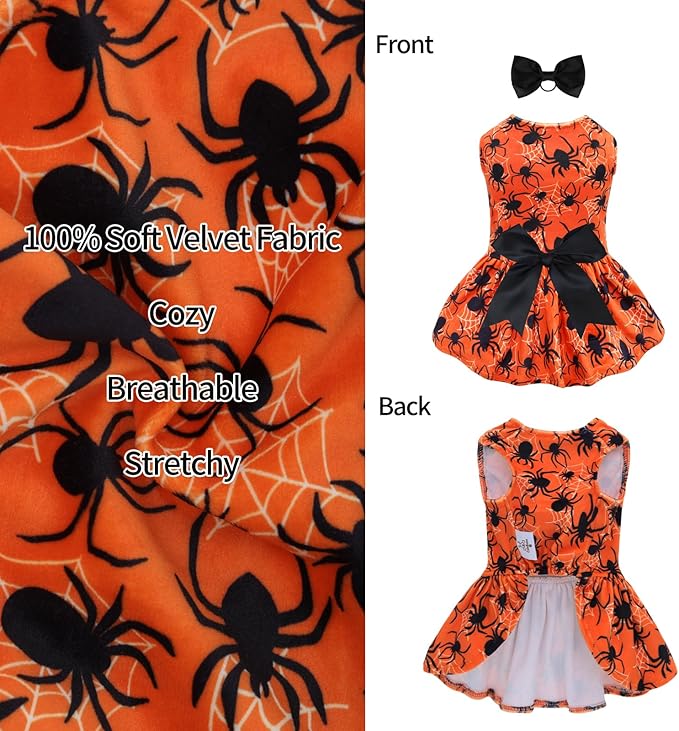 CuteBone Halloween Dog Dresses Velvet Holiday Small Dogs Clothes Onesie Pet Apparel Girl Puppy Skirt with Bow Hair Rope CVA46S