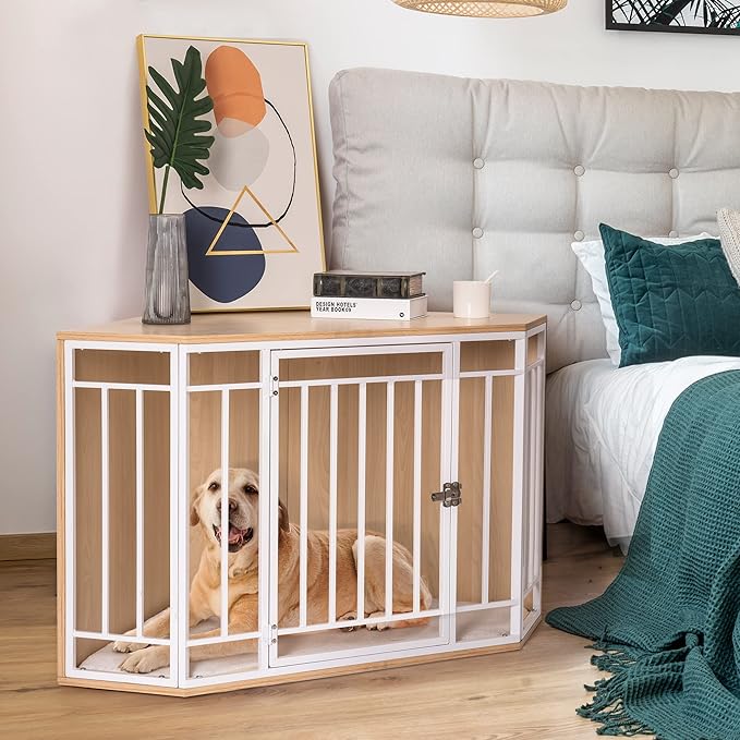 MEWOO Corner Dog Crate Furniture with Cushion