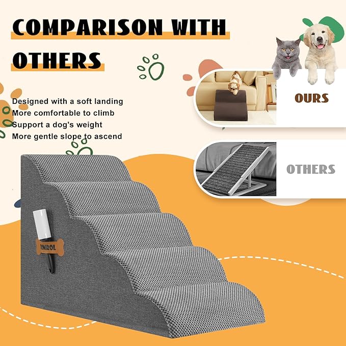 High Density Foam Dog Stairs Ramp for Beds Couches 5-Tiers, Grey
