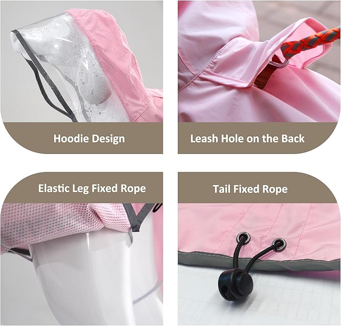 MAMORE Dog Raincoat Hooded Poncho,Waterproof Dog Rain Coat with Reflective Strip, Adjustable Lightweight Dog Rain Jacket with Double Layer for Large Medium Small Dogs (Pink, XXX-Large)
