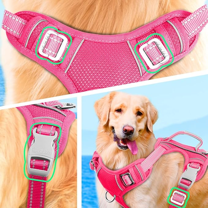 BARKBAY No Pull Dog Harness Large Step in Reflective Dog Harness with Front Clip and Easy Control Handle for Walking Training Running with ID tag Pocket(Pink