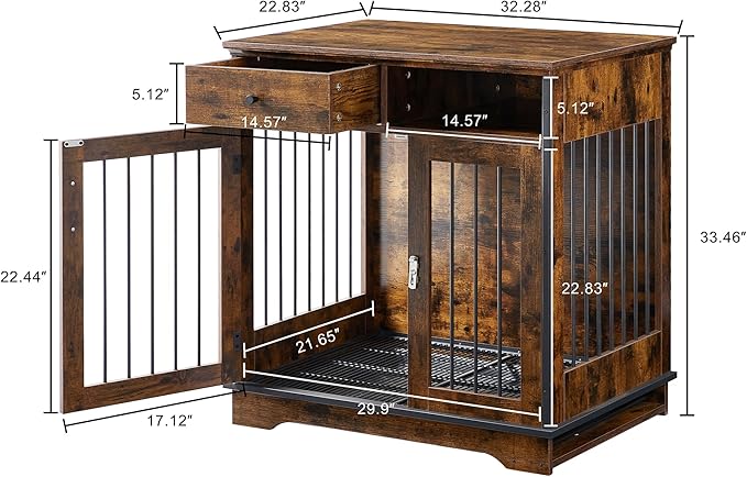 Okak Dog Crate Furniture Style Dog Cage Side Table With Drawers Wooden Dog Crate With Double Sliding Iron Doors Dog Kennel Indoor For Medium/Large Dog Brown,32.28" L