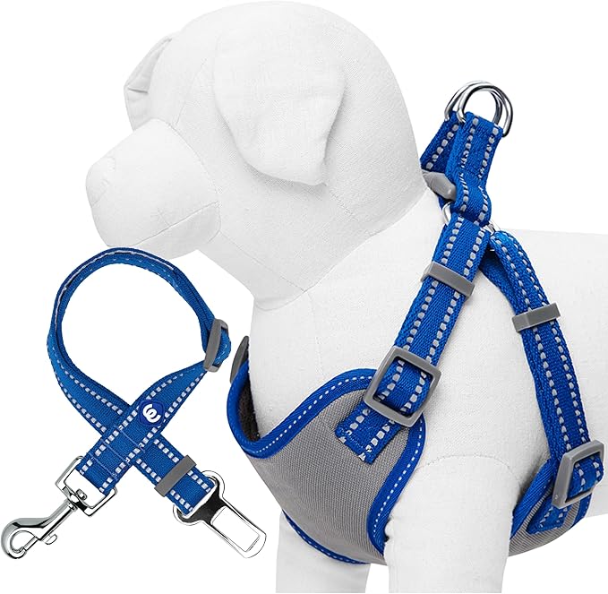 Blueberry Pet Essentials Pastel Color Reflective Matching Dog Harness Vest and Seatbelt Set in Navy