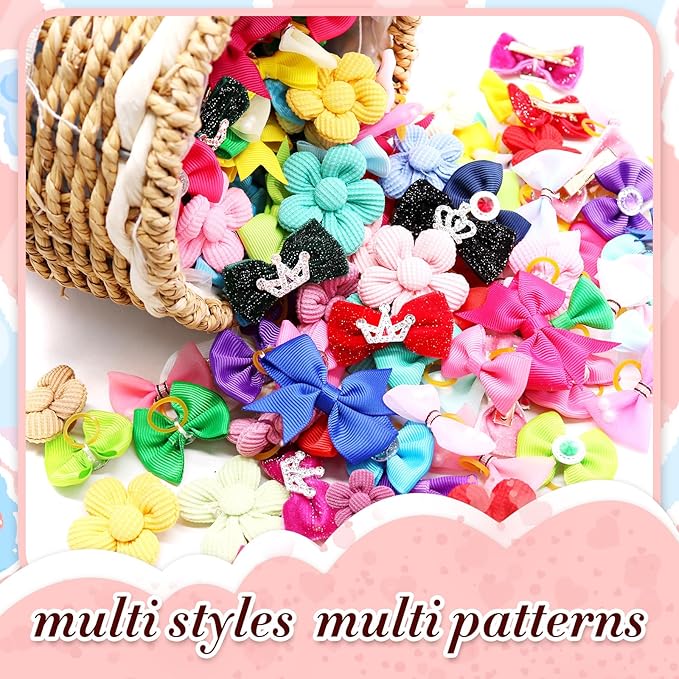 100pcs Crown Dog Hair Bows,Mix Small Medium Dog Hair Grooming Bows,Puppy Cute Solid Hair Bows with Rubber Bands for Daily Wearing Holiday Birthday Dog Hair Costume Accessories