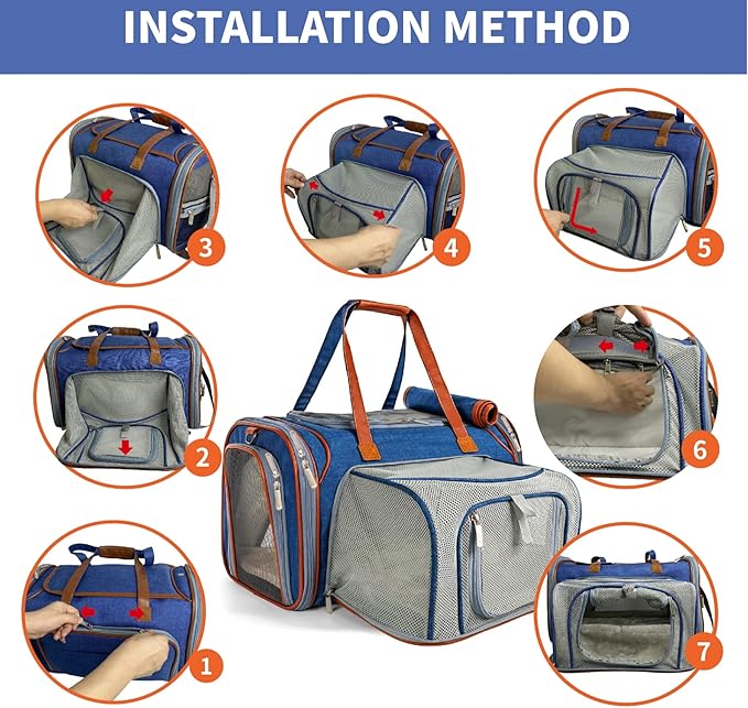Mr. Peanut's Expandable Airline Approved Soft Sided Pet Carrier, Low Profile Gold Series Tote, Premium Brand Self Locking Zippers, Plush Faux Fleece Bedding with a Sturdy Plywood Base (Deja Blue)
