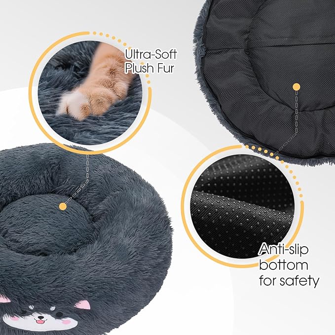 Veehoo Donut Calming Dog Beds for Small Medium Dogs-Round Cute Dog Bed Comfort Pet Bed 23" Dark