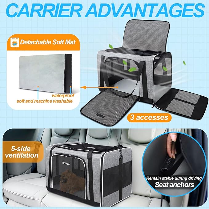 Petskd Pet Carrier 24"x17"x17" for Large Cats Dogs 2 Cats 1 Box 2 Bowls,