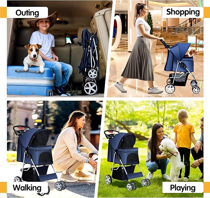 Pet Stroller 4 Wheels Dog Cat Stroller for Medium Small Dogs Cats