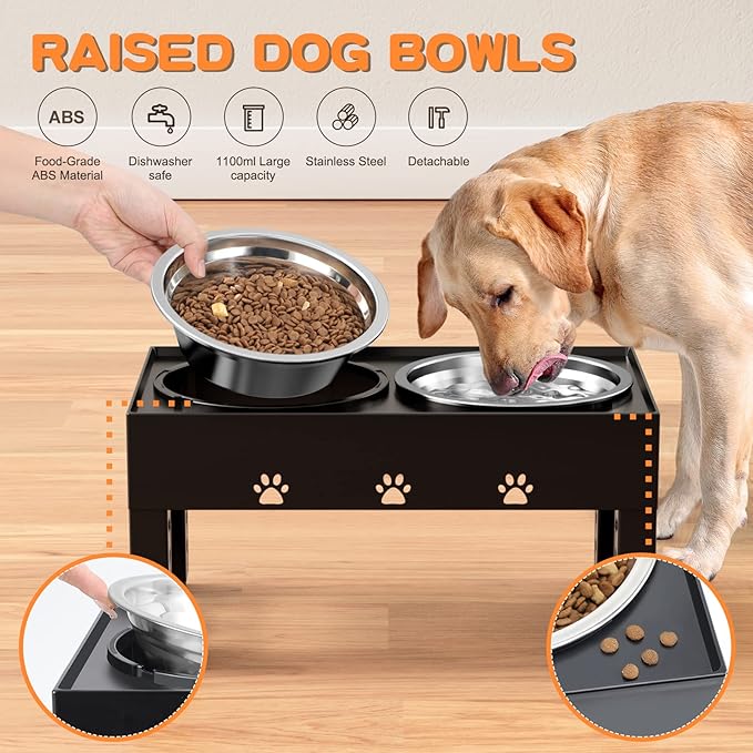 Elevated Dog Bowls 5 Height Adjustable with 2 Stainless Steel Dog Food Bowls Stand Non-Slip No Spill Dog Dish Raised Dog Bowl Adjusts to 3.1” 9”, 10”, 11”, 12”