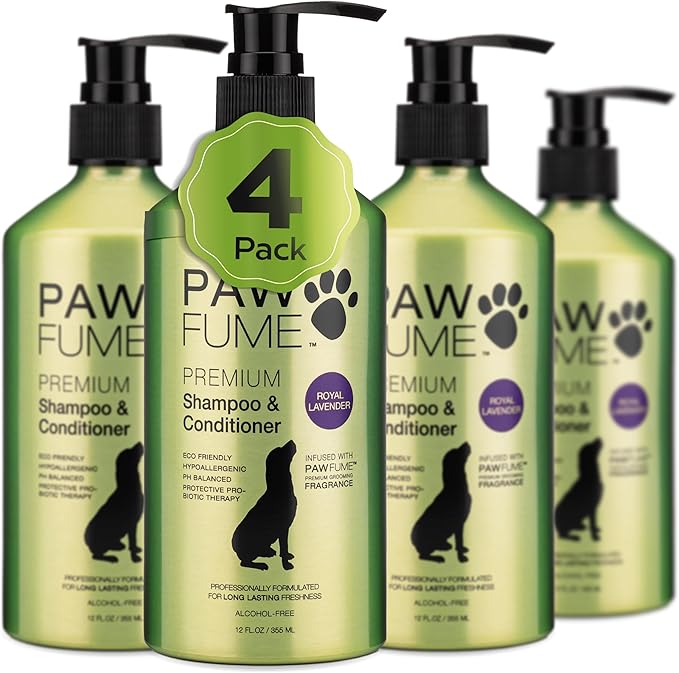 Pawfume Dog Shampoo and Conditioner – Hypoallergenic Dog Shampoo for Smelly Dogs – Best Dog Shampoos & Conditioners – Probiotic Pet Shampoo for Dogs – Best Dog Shampoo for Puppies (Lavender 4-Pack)