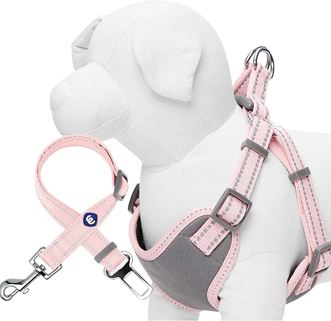Blueberry Pet Essentials Pastel Color Reflective Matching Dog Harness Vest and Seatbelt Set in Baby Pink