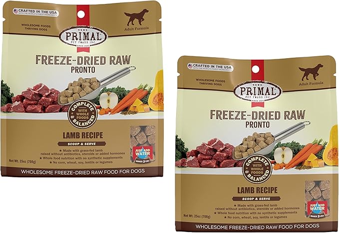 Primal Freeze Dried Dog Food Pronto, Lamb; Scoop & Serve, Complete & Balanced Meal; Also Use as Topper or Treat; Premium, Healthy, Grain Free, High Protein Raw Dog Food (25 oz, 2-pack)