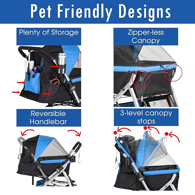 HPZ PET Rover Premium Heavy Duty Dog/Cat/Pet Stroller Travel Carriage with Convertible Compartment/Zipperless Entry/Reversible Handlebar/Pump-Free Rubber Tires for Small