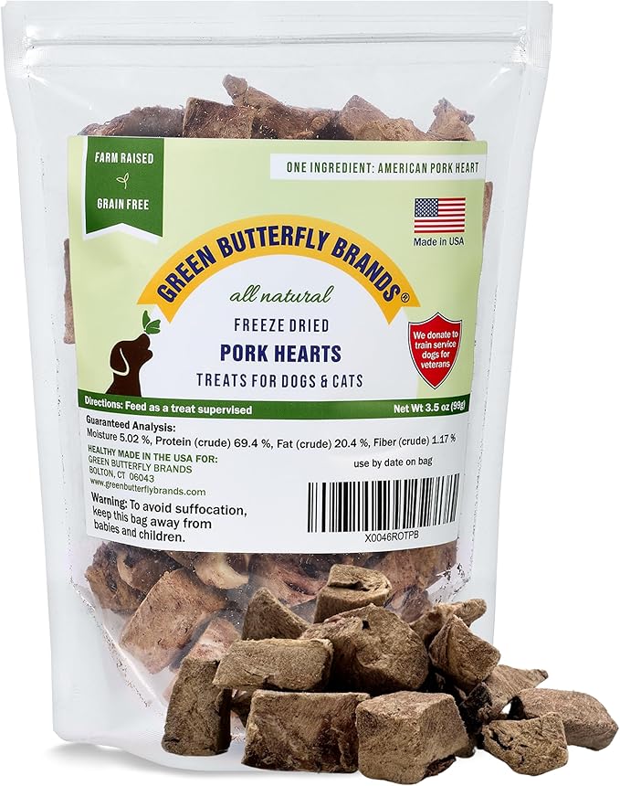 Freeze Dried Pork Heart Dog Treats Made in USA. All Natural Freeze-Dried Raw Snacks for Dogs and Cats. Single Ingredient. High Protein