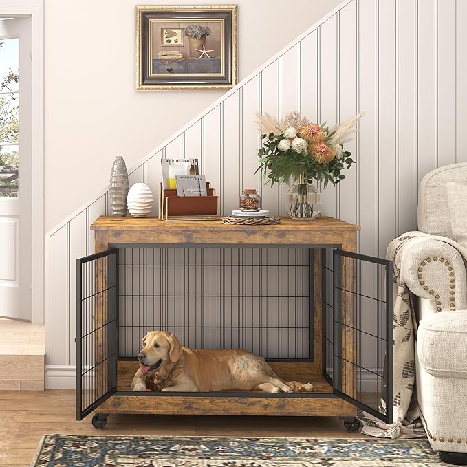 Okak Dog Crate Furniture Wooden Dog Crate With Double Sliding Iron Doors and Lift Top on Casters Heavy-Duty Dog Kennel Indoor for Medium/Large Dog Brown,38.58" L