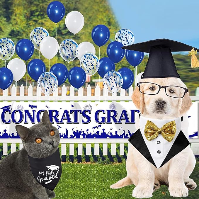 Pet Graduation Cap Dog Bandanas Collar Costume 3Pack Graduation Hat Triangle Scarf Grad Outfit Accessory for Dogs Cat Formal Tux Clothes with Bowtie Holiday Party Apparel (3PCS Gard Tux Set