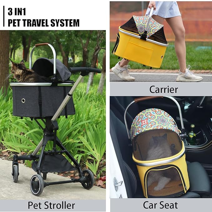 3 in 1 Pet Stroller Cats Dogs Folding Cat Stroller Detachable Carrier 33lb Max 4 Wheels