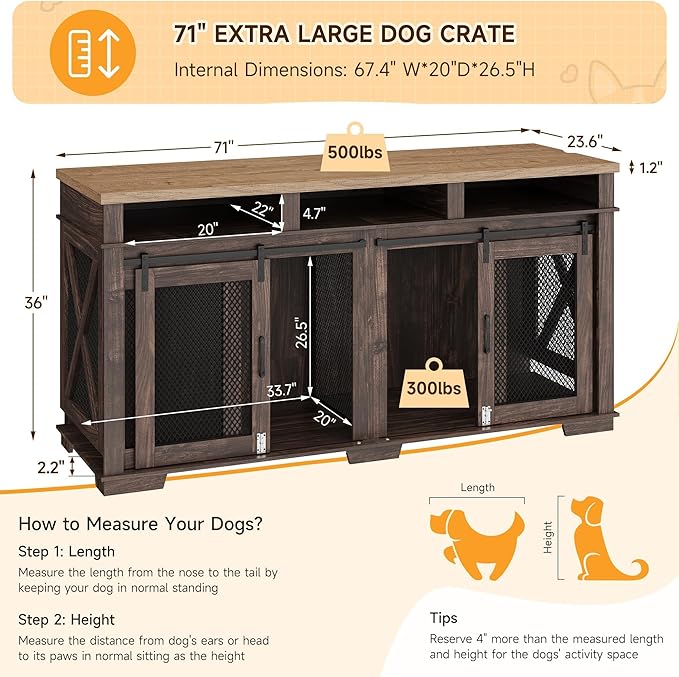 Dog Crate Furniture 71" Heavy 3 Storage 2 Dogs, 2 Sliding