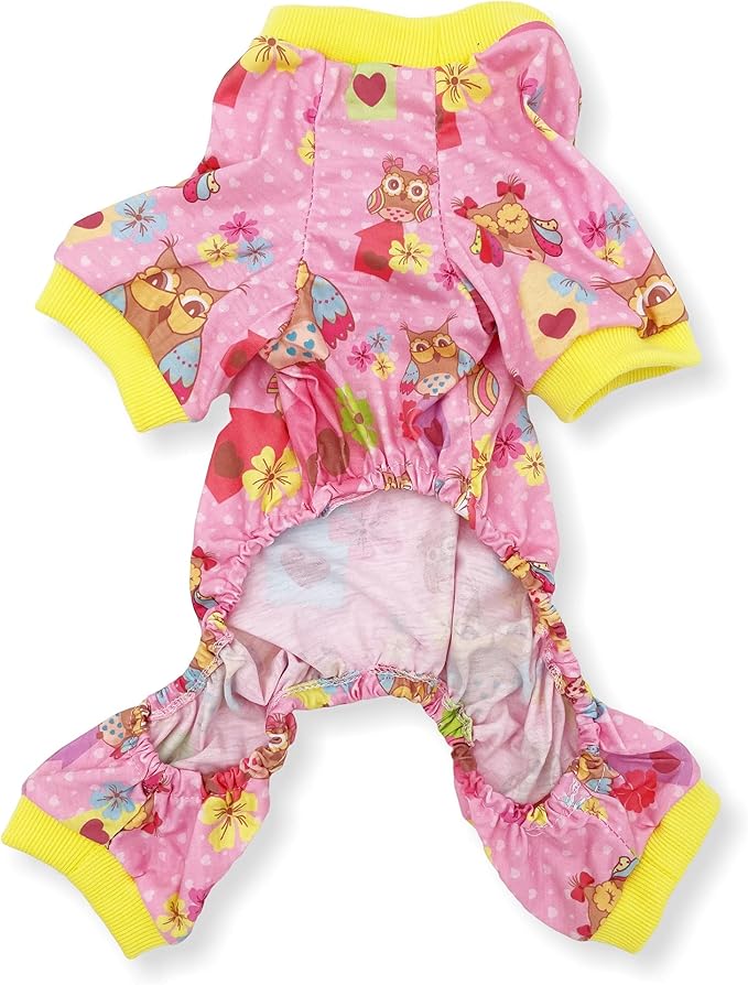 Dog Pajamas Soft COTTON Blend Jumpsuit Cute Pet Clothes for Small Medium Pet (Pink Owls 10", Chest 12" - 16")