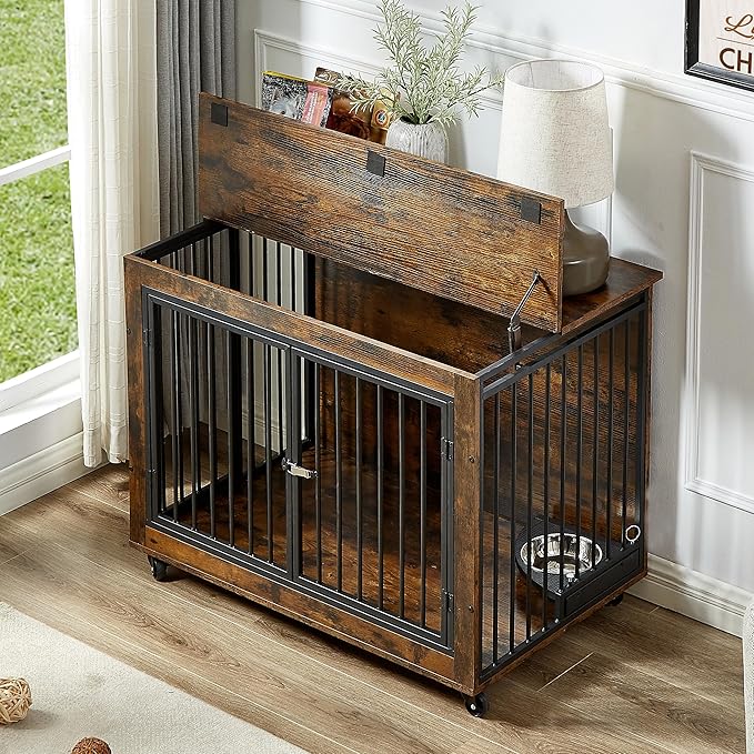 NicBex Dog Crate Furniture Dog Cage with Rotatable Feeding Bowl and 3 Doors