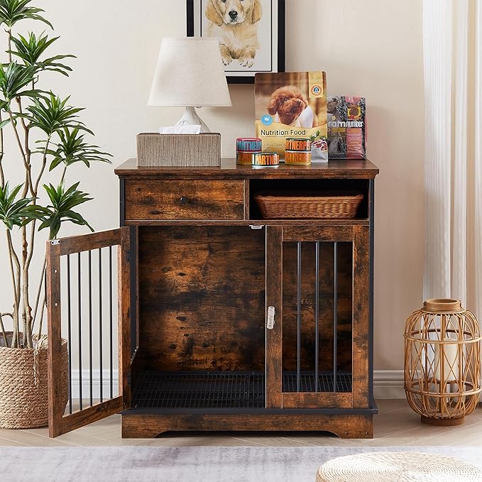 Okak Dog Crate Furniture Style Dog Cage Side Table With Drawers Wooden Dog Crate With Double Sliding Iron Doors Dog Kennel Indoor For Medium/Large Dog Brown,32.28" L