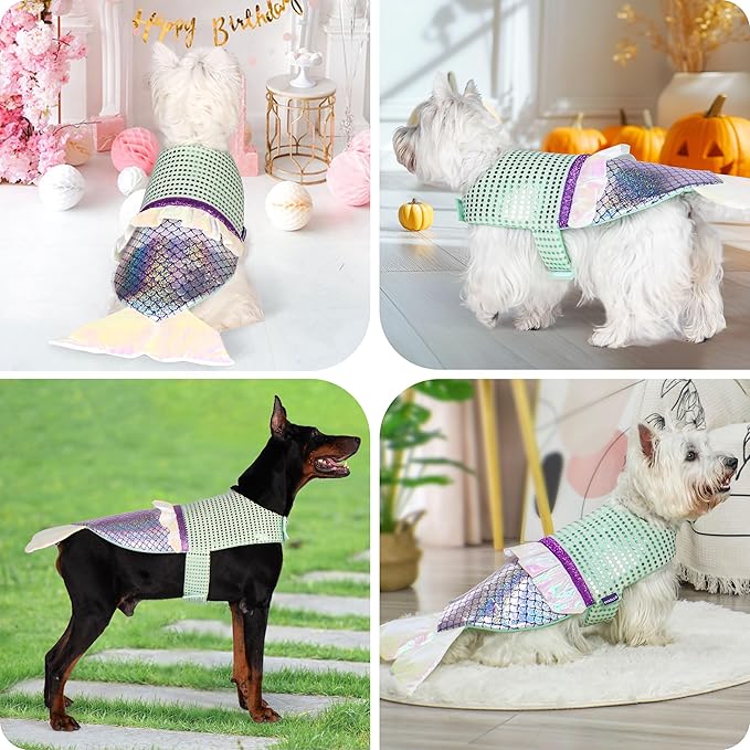 cyeollo Dog Mermaid Costume for Small Dogs Funny Dog Halloween Outfit Holiday Birthday Party Cosplay Dog Clothes Sparkly Pet Costumes