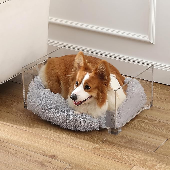 DBD2001A-2SET Billie 24" x 15.75" Small Modern Calming Fluffy Pet Bed with Washable Cushion and 4" Elevated Pet Feeder with 27 oz 2-Stainless Steel Bowls 2)