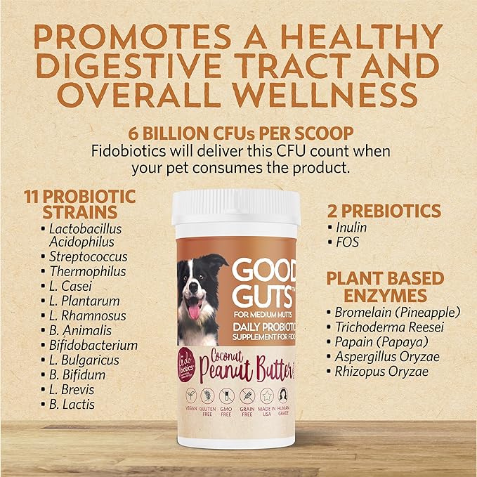 Good Guts for Medium Mutts Probiotic for Dogs 6 Billion 11 Strains, 5 Digestive 2 Prebiotics, (30 Days)