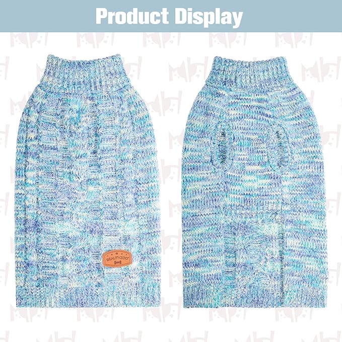 BEAUTYZOO Small Dog Sweater -Turtleneck Pullover Classic Cable Knit Fuzzy Winter Coat Dog Cold Weather Clothes for Small Medium Dogs Puppy Girl Boys(Gradient Cyan, L)