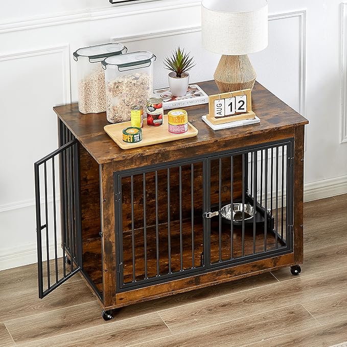 NicBex Dog Crate Furniture Dog Cage with Rotatable Feeding Bowl and 3 Doors