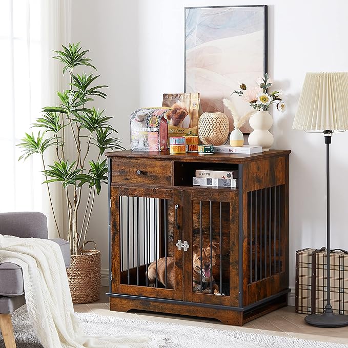 Okak Dog Crate Furniture Style Dog Cage Side Table With Drawers Wooden Dog Crate With Double Sliding Iron Doors Dog Kennel Indoor For Medium/Large Dog Brown,32.28" L