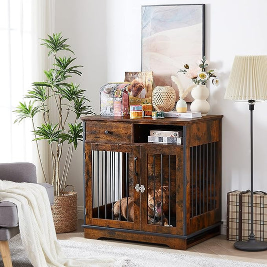 Okak Dog Crate Furniture Style Dog Cage Side Table With Drawers Wooden Dog Crate With Double Sliding Iron Doors Dog Kennel Indoor For Medium/Large Dog Brown,32.28" L