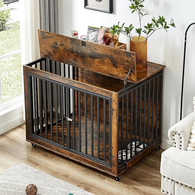 NicBex Dog Crate Furniture Dog Cage with Removable Feeding Bowls and 3 Doors