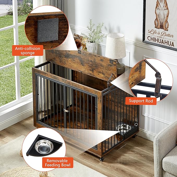 NicBex Dog Crate Furniture Dog Cage with 3 Doors and Rotatable Feeding Bowl