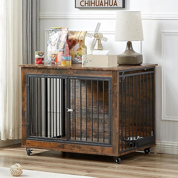 NicBex Dog Crate Furniture Dog Cage with Rotatable Feeding Bowl and 3 Doors