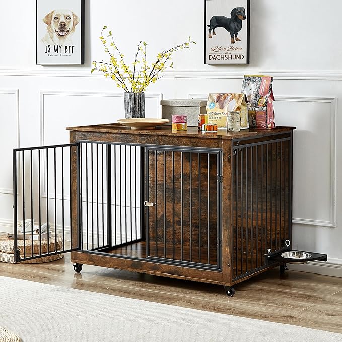 NicBex Dog Crate Furniture Dog Cage with 3 Doors and Rotatable Feeding Bowl