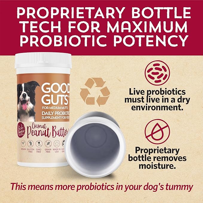 Good Guts for Medium Mutts Probiotic for Dogs 6 Billion 11 Strains, 5 Digestive 2 Prebiotics, (30 Days)
