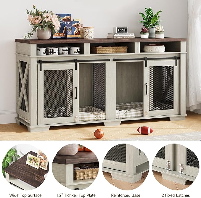 71" Extra Large Dog Crate Furniture 2 Dogs Dogs,3 Storage,White/Dark