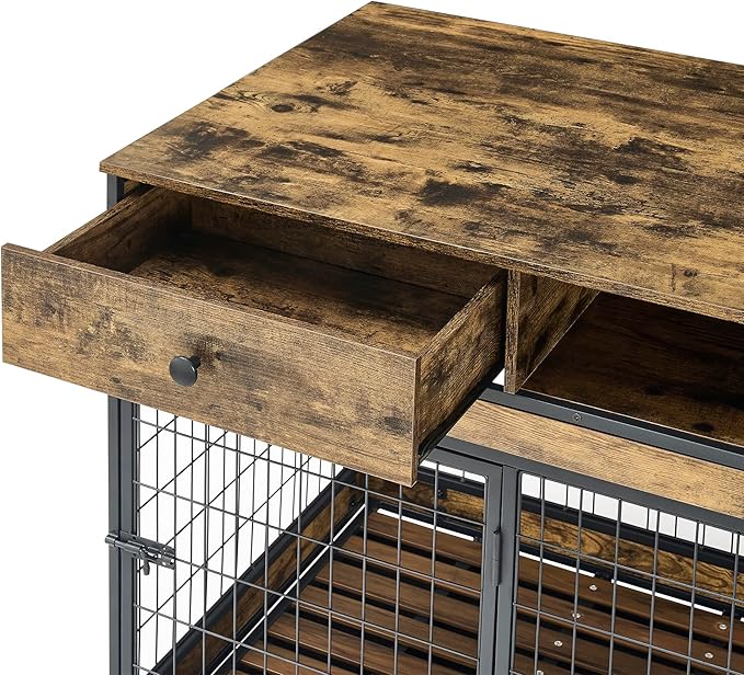 Okak Dog Crate Furniture Wooden Dog Crate Table with Drawers and Wheels Heavy Duty Dog Cage with Double Iron Doors Dog Kennel Indoor for Medium/Large Dog Brown,38.78" L
