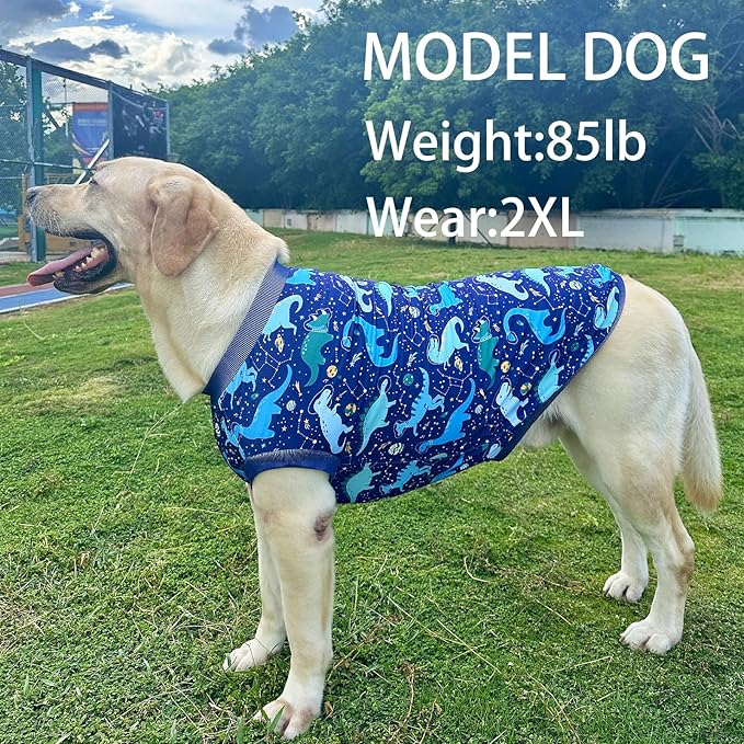 Dog Navy Sleeveless T Shirts with Universe Dinosaur Pattern Printed Soft Vest for Large Dogs (L, Vest)