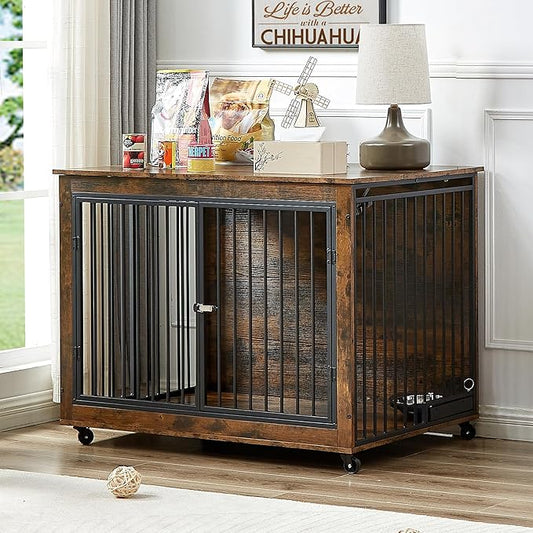 NicBex Dog Crate Furniture Dog Cage with 3 Doors and Rotatable Feeding Bowl