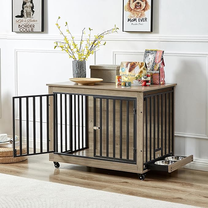 Okak Dog Crate Furniture Side Table Wooden Dog Crate with 2 Feeding Bowls on Casters Heavy-Duty Dog Kennel Indoor for Medium/Large Dog Opening,Grey,38.58" W