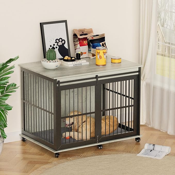 NicBex Dog Crate Furniture Dog Cage with Sliding Iron Doors and Lift Top