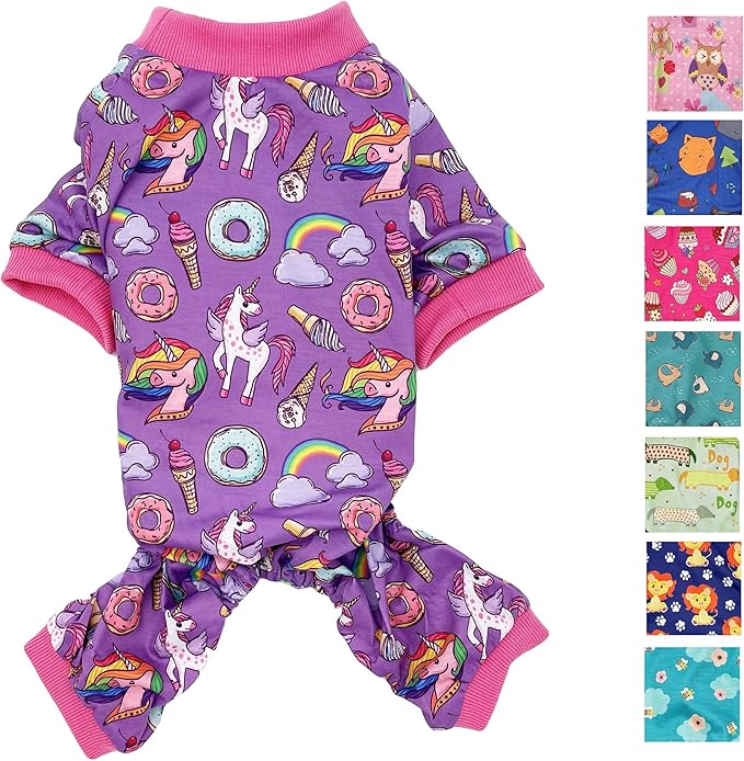 Dog Pajamas Soft COTTON Blend Jumpsuit Cute Pet Clothes for Small Medium Pet (Lavender Unicorns 10", Chest 12" - 16")