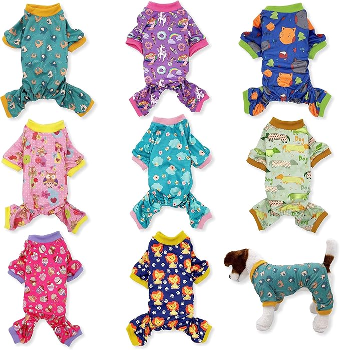 Dog Pajamas Soft COTTON Blend Jumpsuit Cute Pet Clothes for Small Medium Pet (Light Blue Bees 10", Chest 12" - 16")
