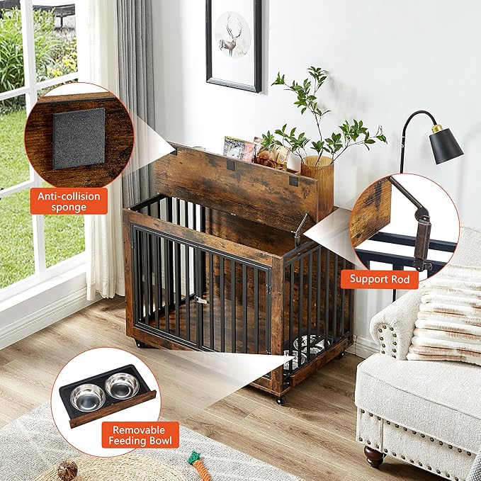 NicBex Dog Crate Furniture Dog Cage with Adjustable Feeding Bowls and 3 Doors