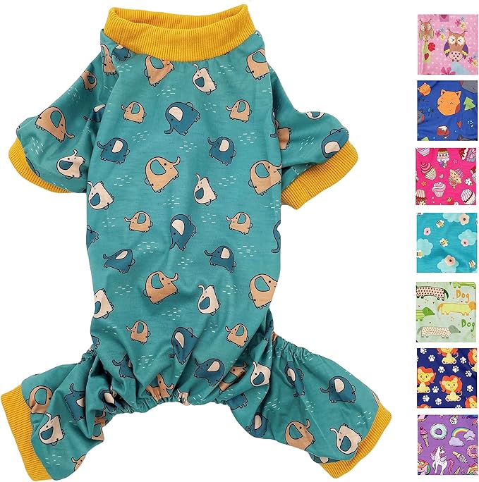 Dog Pajamas Soft COTTON Blend Jumpsuit Cute Pet Clothes for Small Medium Pet (Green Elephants 12", Chest 14" - 17")